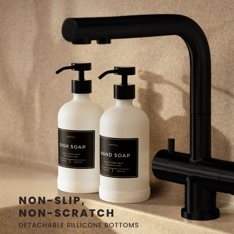 Verute Hand and Dish Soap Dispenser for Kitchen and Bathroom, Set of 2 16 Oz Glass Bottles, Stainless Steel Pumps, Non-Slip Silicone Base, 27 Waterproof Labels (Matte White Bottle/Black Pump) - Image 2